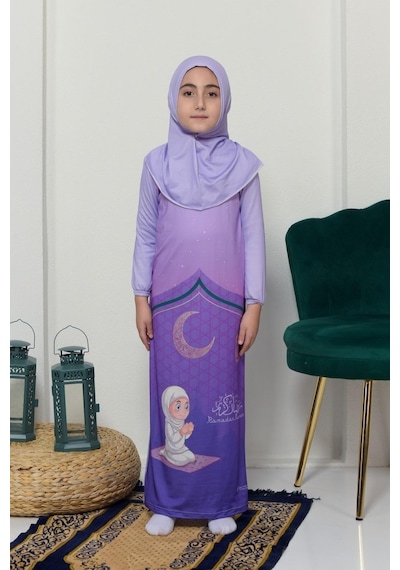Çocuk Namaz Takımı Pratik Tek Parça Desenli Kollu Tak Çıkar Başörtülü Likralı Tesettür Elbise 6-12 Yaş 925-0201 Mor