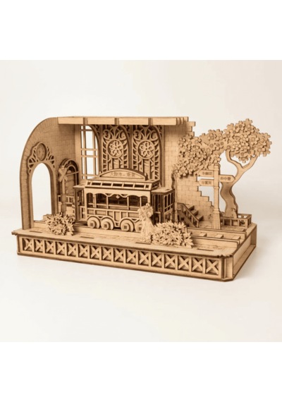 Japanese Tram Station Diorama Ahşap Maket Seti Japon Tramvay İstasyonu Peri Led'li Dıy Model