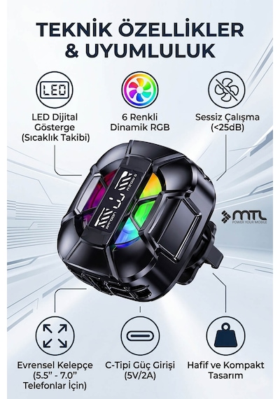 Telefon Tablet Soğutucu Fan Magsafe Uyumlu, Klipsli, Rgb, 3 Kademeli Siyah Mt8466