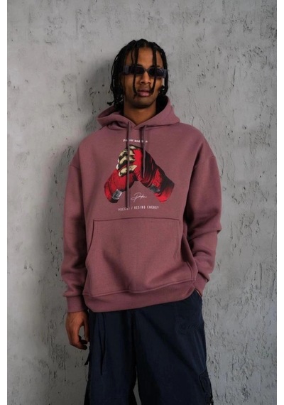 Freedom Storee Erkek Kapüşonlu Cepli Box Eldiven Baskılı 3 İplik Sweatshirt Hoodie - Gül Kurusu Çok Renkli