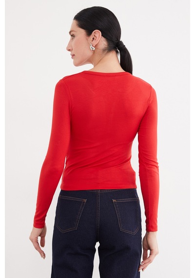 Fullamoda Önü Çıtçıtlı Ribanalı Slim Fit Bluz Kırmızı
