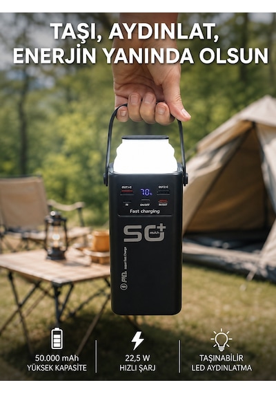 50 000 Mah Hızlı 4 Dahili Dijital Göstergeli Led Aydınlatmalı 50000mah 20w Powerbank Siyah