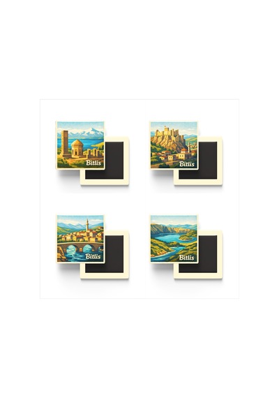 Bitlis - 4'lü Memleket Seti - Baskılı Buzdolap Magneti Kare - 9x9 Cm - 4 Adet
