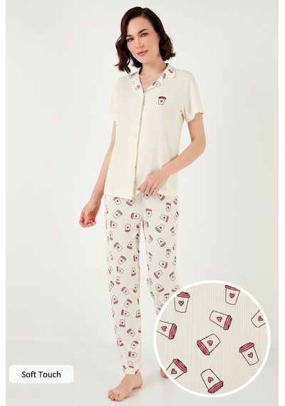 Lela Regular Fit Gömlek Yaka Kısa Kollu Bayan Pijama Takımı 65740102 Bej-Pembe