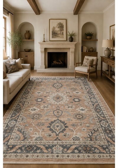 Salon Halısı Bej Gri Çiçek Desenli Kaymaz Taban Th-3026-1 Bej - Somon - Gri