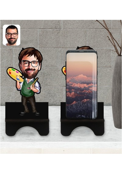 Kişiye Özel Erkek Ressam Karikatürlü Ahşap Biblo Telefon Standı-1