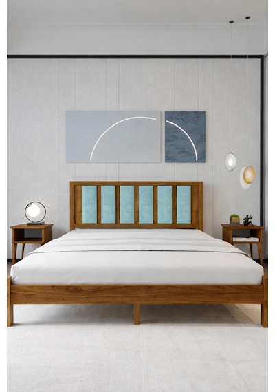 Ori On Cam Göbeği Puf Başlıklı Masif Ahşap Karyola Ceviz 90x190