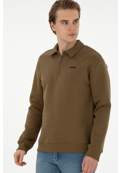 U.S. Polo Assn. Erkek Comfort Fit Yarım Fermuarlı Haki Basic Sweatshirt 50298265-VR027