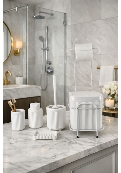 Modern Beyaz Standlı Banyo Aksesuar Seti -click Kapaklı Banyo Kovası, Sabunluk,diş Fırçalık Seti Antrasit