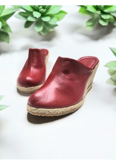 Kadın Yumuşak Deri Rahat Taban Espadril Sabo Terlik Kırmızı