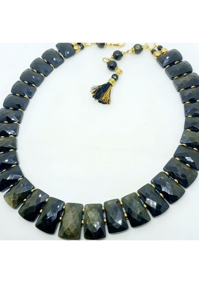 2914 Altın Obsidyen Hematit El Yapımı Kolye 01 - Siyah