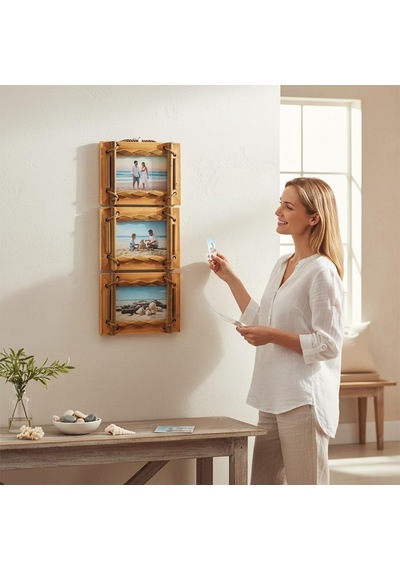 El Yapımı Doğal Ahşap 3 Lü Bambu Bamboo Fotoğraf Çerçevesi Dekoratif Ev Ofis Hediyesi Duvar Süsü - 1