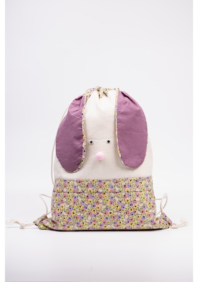 Fabric Craft Bag Çocuk Sırt Çantası Çiçek Desenli Figürlü Bez Model 33x44 Cm Astarlı Krem - Mor