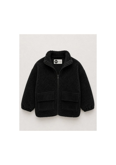 Poala Kids Kadıfe Ceplı Siyah Peluş Hırka