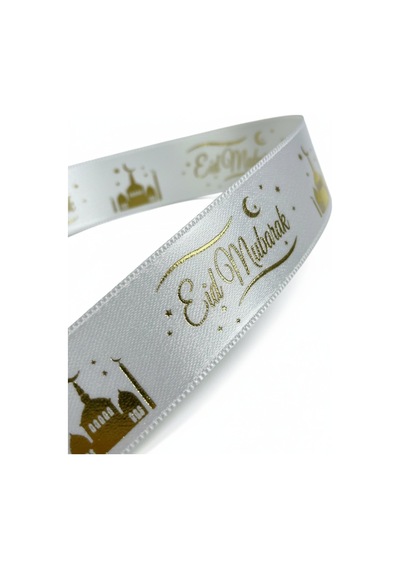 Eid Mubarak Yazılı Hediye Paketleme Kurdelesi, Altın Varak Krem Saten Kurdele, 2.5cm X 5m Standart