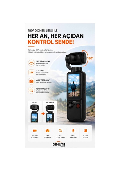 Q7 Aksiyon Ve Vlog Kamerası 2.5k Uhd 16x Zoom 180 Döner Lens Ekranlı Kamera Siyah - 888639321 Siyah