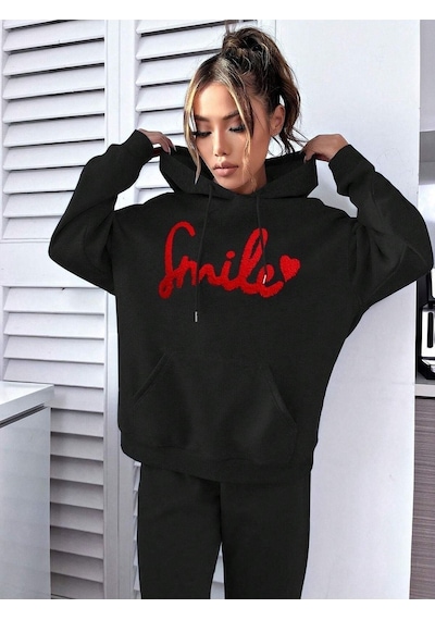 Smile Eşofman Takımı Sweatshirt Jogger - Siyah Baskılı Oversize Şardonlu Kapüşonlu Siyah