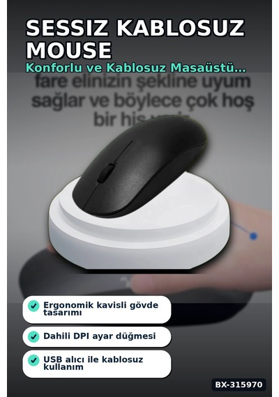 Sessiz Kablosuz Mouse 1600 Dpı Optik Sensörlü 10 Metre Menzilli Usb Fare Bx-315970 Belirtilmemiş