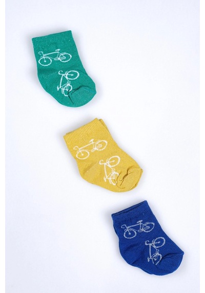 Cocole Socks Erkek Bebek Soket Çorabı 3 Lü Set Pamuklu Canlı Renkli & Bisiklet Desenli Çok Renkli