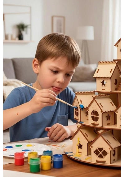 24 Parça Boyanabilir Mini Ahşap Ev Seti Eğitici Etkinlik Ve Dekor Oyunu Maket Ev Genel