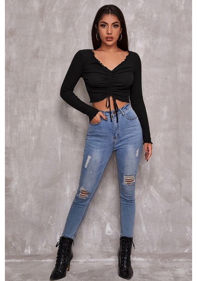 Epilons Zenvial Kadın Siyah Uzun Kollu Büzdürme Bağcık Detaylı Crop Top Bluz Zenviall2
