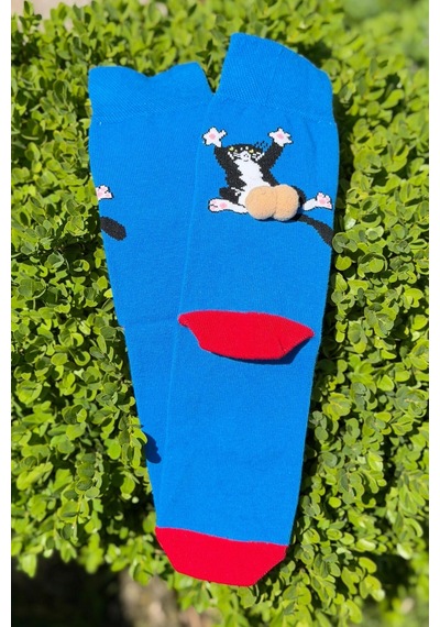 Lousocks Unisex Lacivert Sırtüstü Kedi Desenli Ponpon Soket Çorap