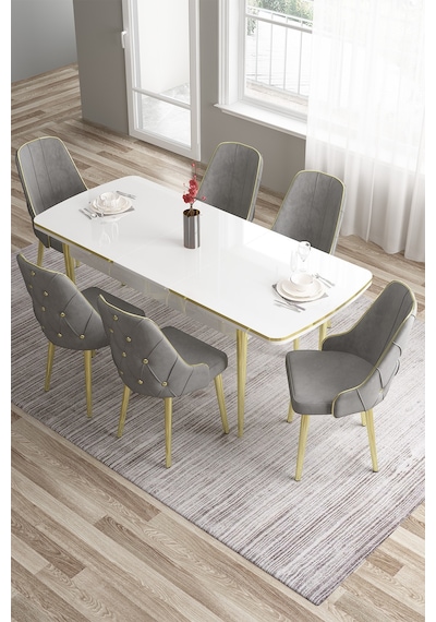 Canisa Tia Serisi, 80x132 Beyaz Açılabilir Mdf Yemek Odası Takımı 6 Gri Sandalye Gümüş Detay Masa Beyaz Sandalye Gri Canisa Tia Serisi, 80x132 Beyaz Açılabilir Mdf Yemek Odası Takımı 6 Gri Sandalye Gümüş Detay Masa Beyaz Sandalye Gri