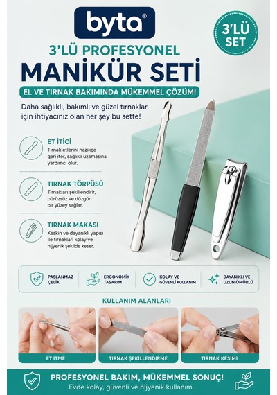 3 Lü Profesyonel Manikür Seti Tırnak Makası, Metal Törpü Ve Et İtici Tırnak Bakım Seti
