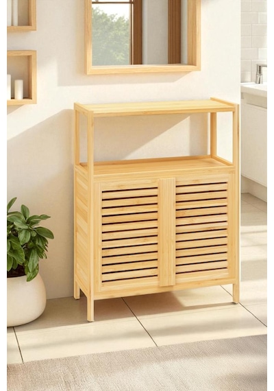 Digithome Bambu Çift Kapaklı 2 Raflı Banyo Düzenleyici Organizer Yatay Dolap Db-0038 Kahverengi