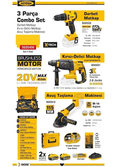 Sgs 5450 Kömürsüz Akülü Taşlama + Matkap + Kırıcı Delici 3'lü Kombo Set Çantalı