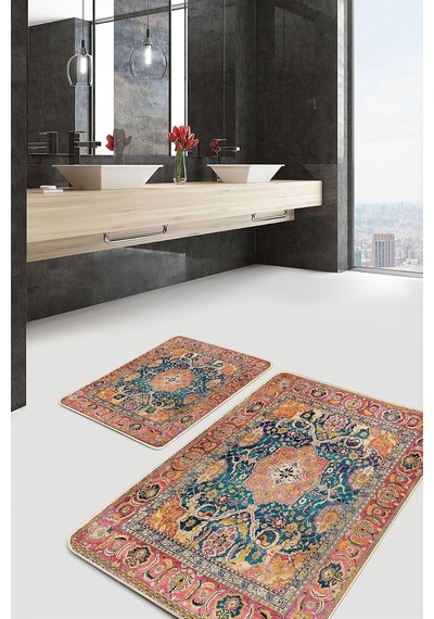 Realhomes Real Homes Turuncu Zeminde Uşak Motifli Geleneksel Avangarde Etnik Motifler 2'li Banyo &amp Mutfak Paspas Ta Genel