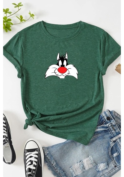 Unisex Sylvester Baskılı Tasarım T-shirt Yeşil