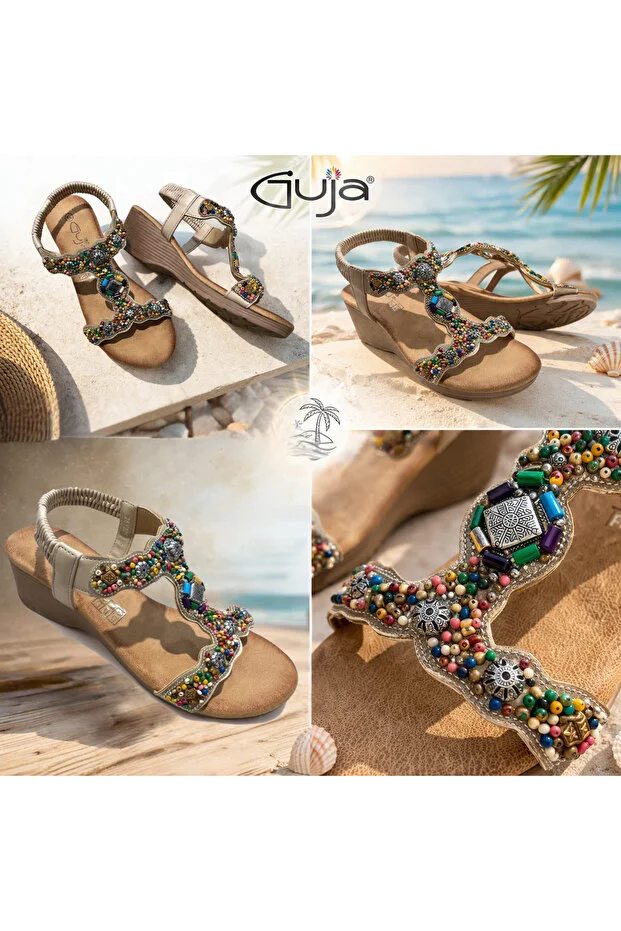 Guja 26y226 Kadın Taşlı Dolgu Taban Comfort Sandalet Bej