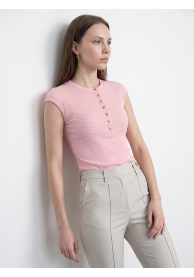 Dilvin 31887 Düğmeli Kısa Kollu Top-toz Pembe