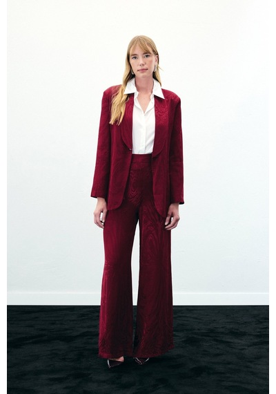 Sateen Yüksek Bel Desenli Pantolon - Bordo-136425 Bordo