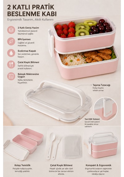 2 Katlı Plastik Kaşık Ve Çatallı Kilitli Lunch Box Yeni Nesil Sefer Tası 7 Parça Sızdırmaz Kapaklı Beslenme Kabı Pembe