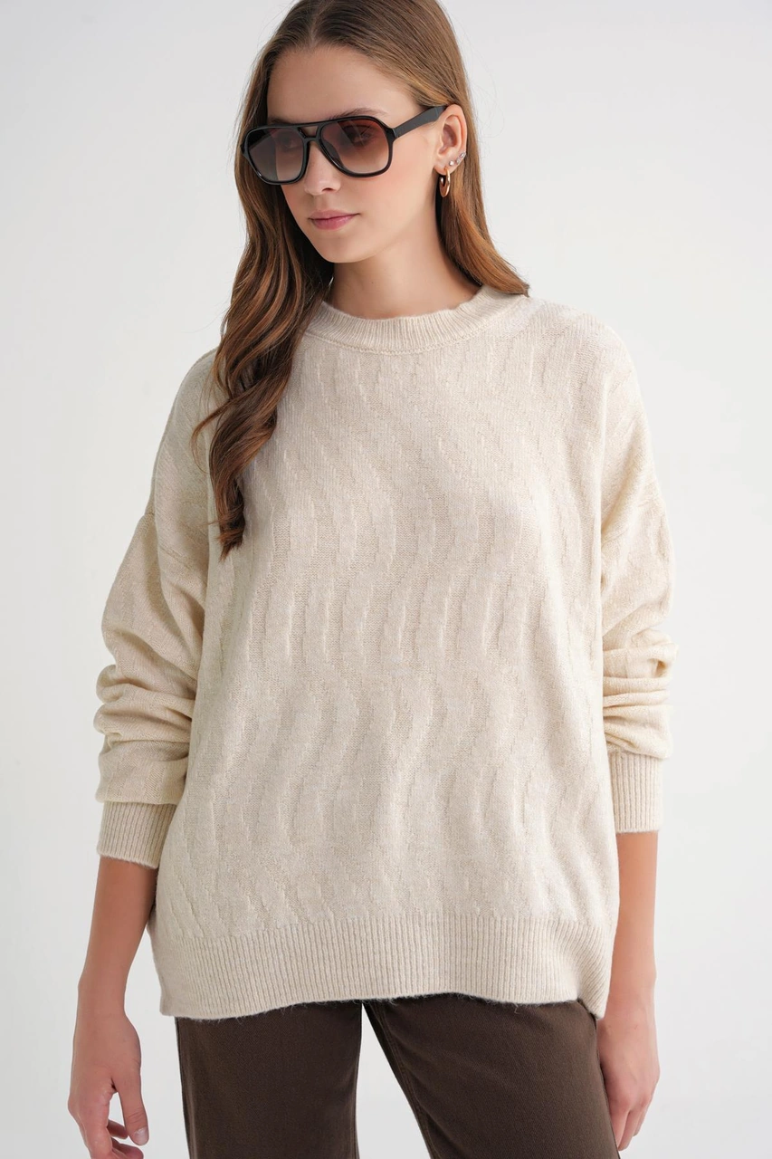 Mixray 6947 Kadın Kendinden Desenli Oversize Triko Kazak Naturel