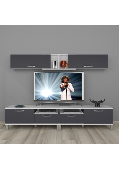 Decoraktiv Eko 5220 Mdf Krom Ayaklı Tv Ünitesi Tv Sehpası Beyaz - Antrasit