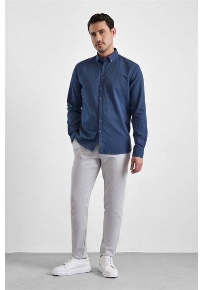 Süvari Lacivert Slim Düğmeli Yaka Düz Cepsiz Casual Gömlek Gm2025500498-m09
