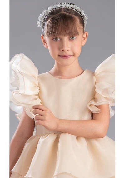 Mnk Baby & Kids Kız Çocuk Kuyruklu , Taçlı Vragia Abiye Elbise M00745 Krem