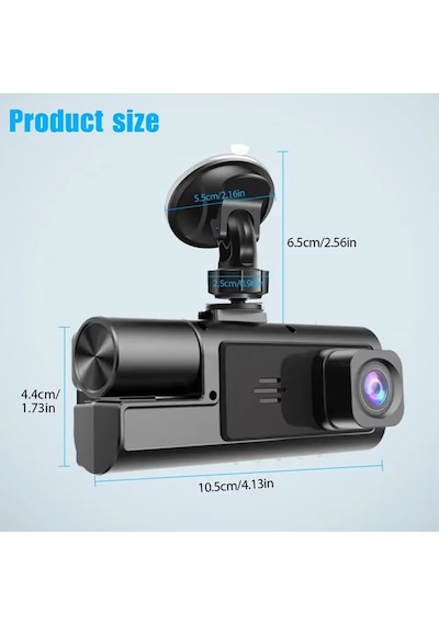 Süper Hd 1296p 3 Kameralı Araç İçi Dash Cam - G-sensör, Geniş Açı