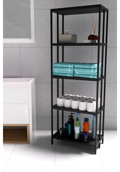 Vizyon Banyo Rafı, Plastik Kitaplık, 5 Raflı , Banyo Rafı, Bahçe Balkon Dosya Çiçeklik Saksılık Siyah