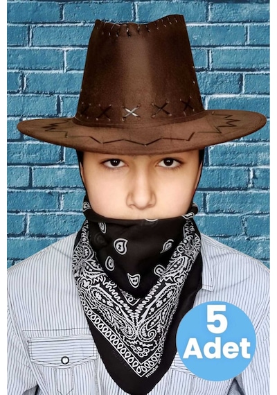 Uniquetrenders Çocuk Unisex Bandanalı 5'li Nubuk Kovboy Şapkası 8-14 Yaş Kahverengi 3