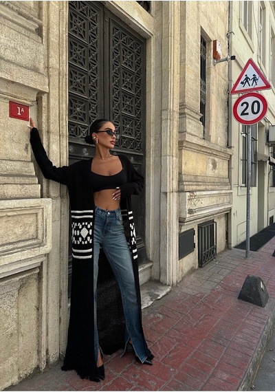 Lymens Jenna Püsküllü Uzun Hırka Siyah