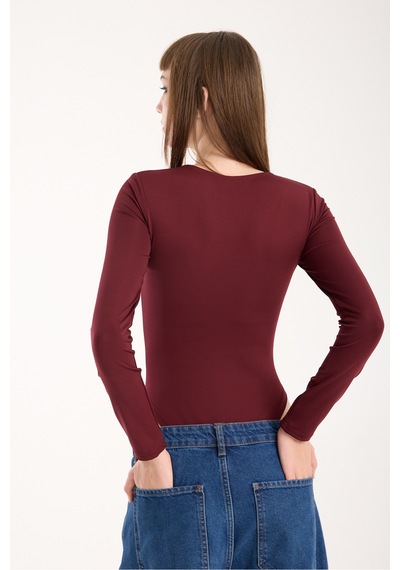 Gugus Kadın Bisiklet Yaka Uzun Kollu Çıtçıtlı/zıbın Body Bordo1
