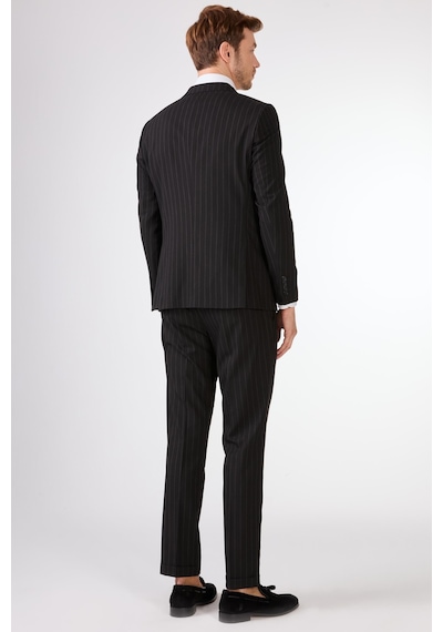 Dufy Siyah Çizgili Erkek Takım Elbise - Slim Fit Siyah