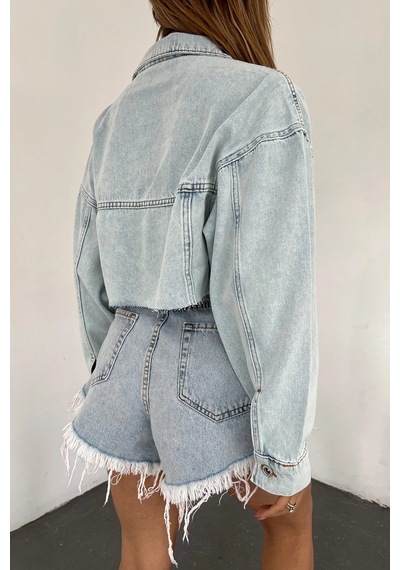 Mavi Çift Cepli Lazer Kesim Yıkamalı Crop Denim Ceket Bcdf-235408 Çok Renkli