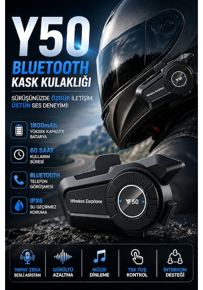 Y50 Bluetooth Kask Kulaklığı Motosiklet İnterkomu 1800mah Batarya 60 Saat Kullanım Ipx6 Mikrofonlu Kulaklık