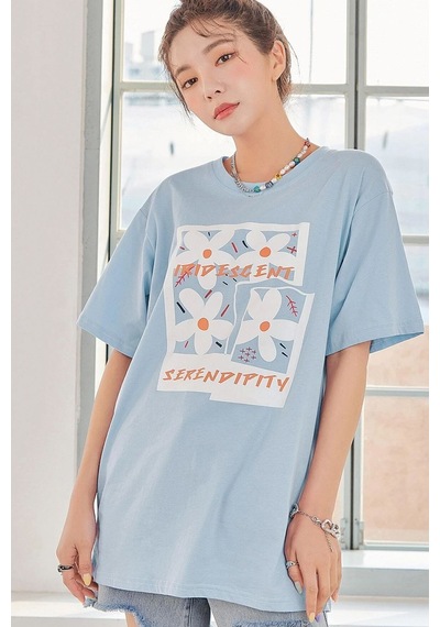 Uyguntarz Unisex Serendipity Baskılı Oversize Tshirt Bebe Mavisi