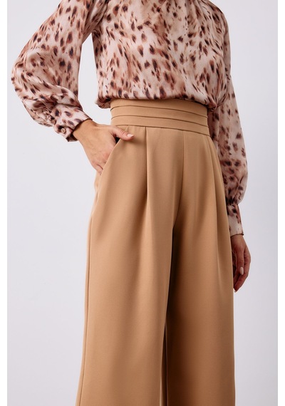Sateen Bel Detaylı Cepli Pantolon - Camel